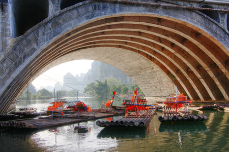 Li river karst mountain landscape in Yangshuo, Chinaの写真素材