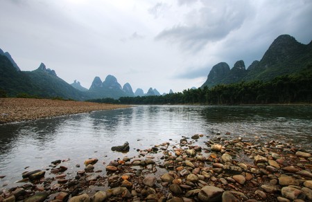 Li river karst mountain landscape in Yangshuo, Chinaの写真素材
