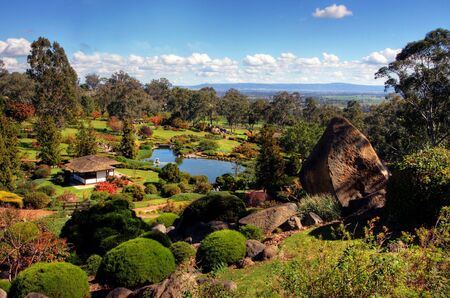Serene Garden with greens and running waterの写真素材