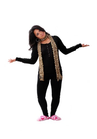 latin american girl in pink slippers with raised armsの写真素材