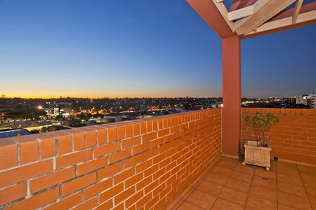 balcony with a view against blue skyの写真素材