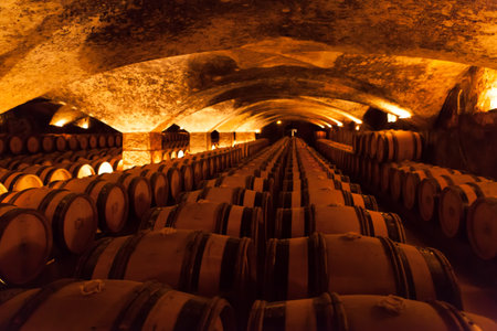 underground wine barrel storage cellar full of wine being aged to maturity