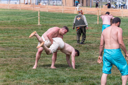 Unidentified shalwar(shalvar) gurescileri (kuroshio/wrestlers). Shalwar wrestling is a kind of traditional Turkish wrestling which is popular in Turkey. ISTANBUL,TURKEY,May 13,2017のeditorial素材