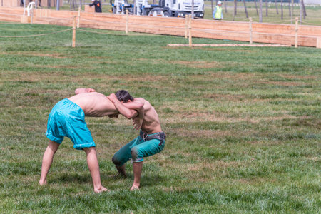 Unidentified shalwar(shalvar) gurescileri (kuroshio/wrestlers). Shalwar wrestling is a kind of traditional Turkish wrestling which is popular in Turkey. ISTANBUL,TURKEY,May 13,2017のeditorial素材