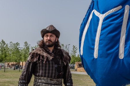Unidentified man in retro costume of ancient Turkish troops and ottoman empire soldier.ISTANBUL,TURKEY,MAY 13,2017のeditorial素材