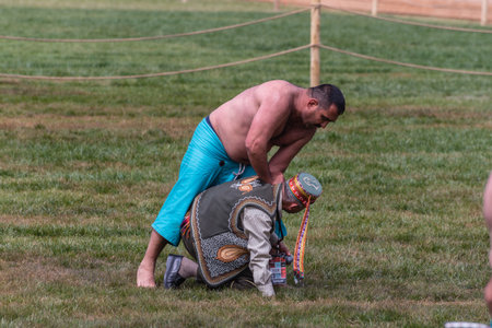 Unidentified shalwar(shalvar) gurescileri (kuroshio/wrestlers). Shalwar wrestling is a kind of traditional Turkish wrestling which is popular in Turkey. ISTANBUL,TURKEY,May 13,2017のeditorial素材