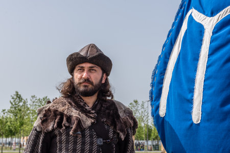 Unidentified man in costume of ancient Turkish troops of ottoman empire soldiers.ISTANBUL,TURKEY,MAY 13,2017のeditorial素材