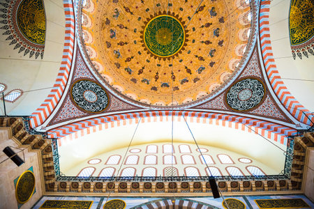 ISTANBUL, TURKEY JUNE 05, 2017: Interior view of domes and ceilings of Suleymaniye mosque, largest mosque of Istanbul was built in 1550-1580 by design of the chief Ottoman architect Mimar Sinan. Tourists and local people visit this historical landmark eveのeditorial素材