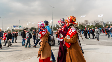 TURKEY, ISTANBUL, APRIL 8, 2017:AKP (Justice and Development Party) supporters shout slogans and wave party flags during a yes referendum /plebiscite campaign rally in Istanbul, Yenikapi meeting area.のeditorial素材