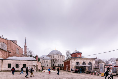 ISTANBUL, TURKEY- MARCH 11,2017: Exterior view of Hagia Sophia,a Greek Orthodox Christian patriarchal basilica (church),built in 537 AD, later an imperial mosque, and now a museum in Istanbul, Turkeyのeditorial素材