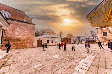 ISTANBUL, TURKEY- MARCH 11,2017: Exterior view of Hagia Sophia,a Greek Orthodox Christian patriarchal basilica (church),built in 537 AD, later an imperial mosque, and now a museum in Istanbul, Turkeyのeditorial素材