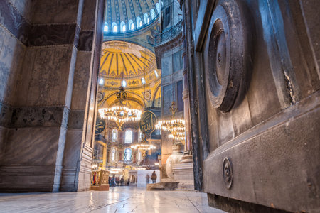 People explore Hagia Sophia Greek Orthodox Christian patriarchal basilica or church later imperial mosque, and now museum in Istanbul, Turkey,March,11 2017.のeditorial素材