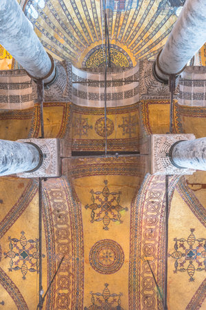 Detailed Ceiling of Hagia Sophia,a Greek Orthodox Christian patriarchal basilica or church was built in 537 AD, later imperial mosque, and now museum in Istanbul, Turkey,March,11 2017.のeditorial素材