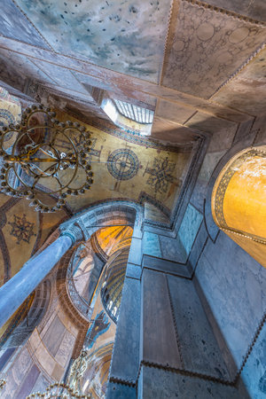 Detailed Ceiling of Hagia Sophia,a Greek Orthodox Christian patriarchal basilica or church was built in 537 AD, later imperial mosque, and now museum in Istanbul, Turkey,March,11 2017.のeditorial素材