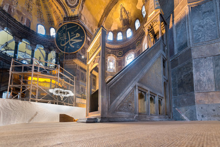Interior detailed view of Hagia Sophia,a Greek Orthodox Christian patriarchal basilica or church was built in 537 AD, later imperial mosque, and now museum in Istanbul, Turkey,March,11 2017.のeditorial素材