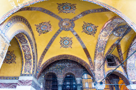 Detailed Ceiling of Hagia Sophia,a Greek Orthodox Christian patriarchal basilica or church was built in 537 AD, later imperial mosque, and now museum in Istanbul, Turkey,March,11 2017.のeditorial素材