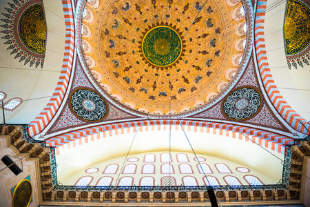 ISTANBUL, TURKEY JUNE 05, 2017: Interior view of domes and ceilings of Suleymaniye mosque, largest mosque of Istanbul was built in 1550-1580 by design of the chief Ottoman architect Mimar Sinan. Tourists and local people visit this historical landmark eveのeditorial素材