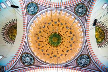 ISTANBUL, TURKEY JUNE 05, 2017: Interior view of domes and ceilings of Suleymaniye mosque, largest mosque of Istanbul was built in 1550-1580 by design of the chief Ottoman architect Mimar Sinan. Tourists and local people visit this historical landmark eveのeditorial素材