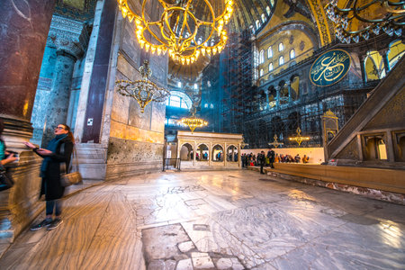 ISTANBUL, TURKEY- MARCH 11, 2017: Interior of Hagia Sophia,a Greek Orthodox Christian patriarchal basilica (church),built in 537 AD, later an imperial mosque, and now a museum in Istanbul, Turkey.のeditorial素材