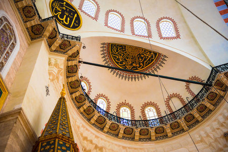 ISTANBUL, TURKEY JUNE 05, 2017: Interior view of domes and ceilings of Suleymaniye mosque, largest mosque of Istanbul was built in 1550-1580 by design of the chief Ottoman architect Mimar Sinan. Tourists and local people visit this historical landmark eveのeditorial素材