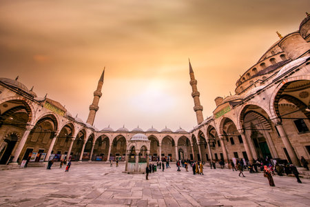 Unidentified people walking at  blue Mosque also called Sultan Ahmed Mosque or Sultan Ahmet Mosque in Istanbul, Turkey.MARCH 11,2017のeditorial素材