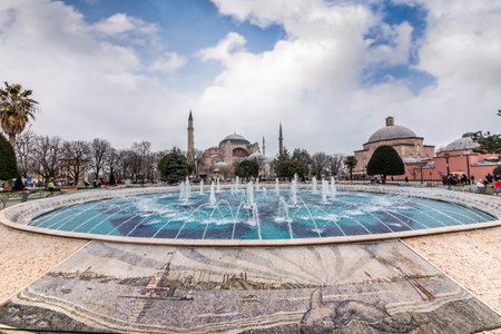 Sultanahmet Park with view of Blue Mosque also called Sultan Ahmed Mosque or Sultan Ahmet Mosque with fountain in the foreground, Istanbul, Turkey.MARCH 11,2017のeditorial素材