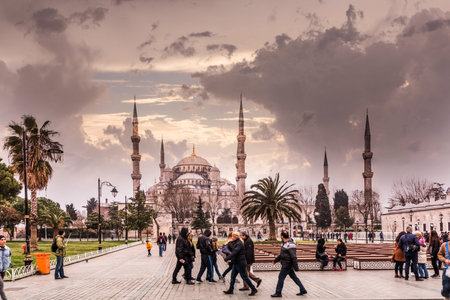 Unidentified people walking at Square of  blue Mosque also called Sultan Ahmed Mosque or Sultan...