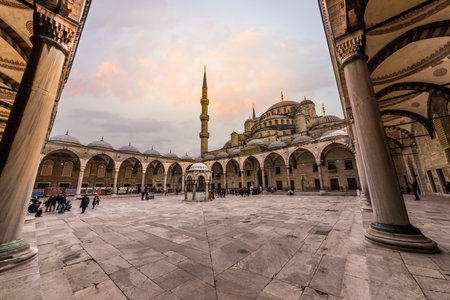 Unidentified people walking at  blue Mosque also called Sultan Ahmed Mosque or Sultan Ahmet Mosque in Istanbul, Turkey.MARCH 11,2017のeditorial素材