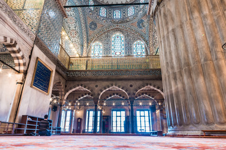 Interior decoration view and artworks of  Blue Mosque also called Sultan Ahmed Mosque or Sultan Ahmet Mosque.Ceiling and domes decorations with Islamic elements.ISTANBUL,TURKEY- MARCH 11, 2017のeditorial素材