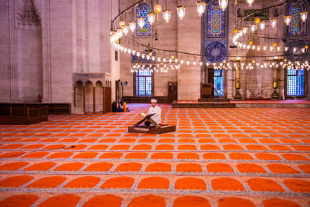 ISTANBUL, TURKEY JUNE 05, 2017: Interior view of domes and ceilings of Suleymaniye mosque, largest mosque of Istanbul was built in 1550-1580 by design of the chief Ottoman architect Mimar Sinan. Tourists and local people visit this historical landmark eveのeditorial素材