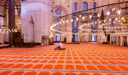 ISTANBUL, TURKEY JUNE 05, 2017: Interior view of domes and ceilings of Suleymaniye mosque, largest mosque of Istanbul was built in 1550-1580 by design of the chief Ottoman architect Mimar Sinan. Tourists and local people visit this historical landmark eveのeditorial素材
