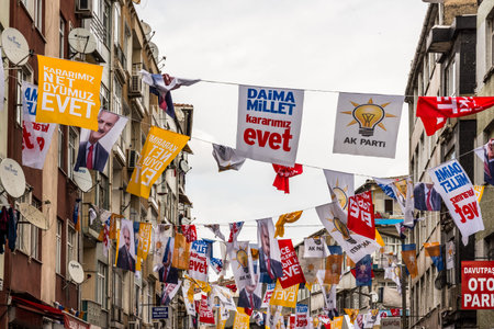 Hang different party flags during a yes referendum ,plebiscite campaign rally in the Street near, Yenikapi meeting area.ISTANBUL,TURKEY- APRIL 9, 2017のeditorial素材