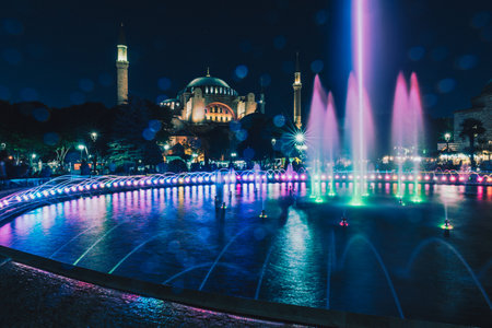 View of Hagia Sophia with fountain in the foreground, Sultanahmet Park during Ramadan Month.ISTANBUL,TURKEY-JUNE 11,2017のeditorial素材