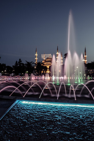 View of Sultanahmet Mosque with fountain in the foreground, Sultanahmet Park during Ramadan Month.ISTANBUL,TURKEY-JUNE 11,2017のeditorial素材
