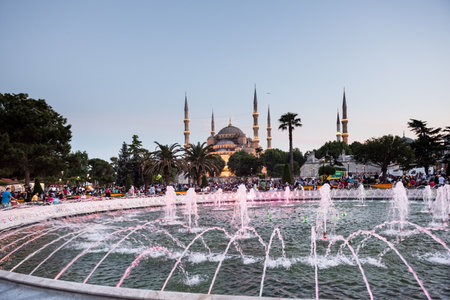 View of Sultanahmet Mosque with fountain in the foreground, Sultanahmet Park.ISTANBUL,TURKEY-JUNE 11,2017のeditorial素材