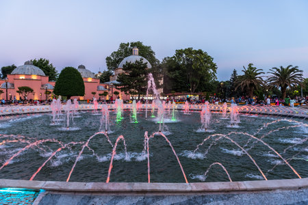 View of Sultanahmet Mosque with fountain in the foreground, Sultanahmet Park.ISTANBUL,TURKEY-JUNE 11,2017のeditorial素材