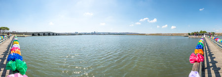 Panoramic view of Kucukcekmece Mimar Sinan(Architect Sinan)Bridge which was built by Ottoman Architecture Mimar Sinan (Architect Sinan).TURKEY, ISTANBUL,30 JULY 2017のeditorial素材