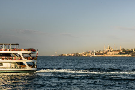 Sea voyage to Bosphorus channel on the ferry boat of Istanbul. Turkish steamboat voyage.ISTANBUL, TURKEY, APRIL 20, 2017のeditorial素材