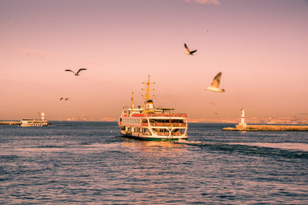 Traditional public ferry going from Kadikoy to Eminonu pier.ISTANBUL,TURKEY,APRIL 20,2017のeditorial素材