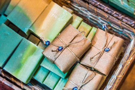 Different kind of Turkish natural handmade fruit soaps for sale in Grand Bazaar, Istanbul, Turkeyの写真素材