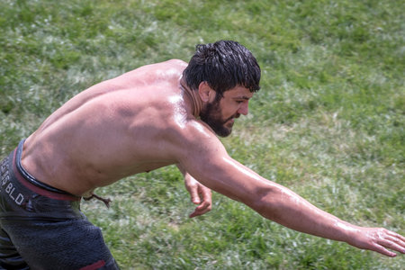 Unidentified Turkish people perform oil wrestling.Oil wrestling or grease wrestling (Yagli Gures) is...