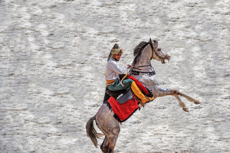 Unidentified people in costumes of ancient Ottoman Empire archer soldier is at an archery competition while riding a horse.ISTANBUL,TURKEY,May 13,2017のeditorial素材