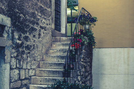 SIBENIK, CROATIA-May 26,2017: Scenic view at mediterranean narrow streets and historic traditional architecture in Croatia, european travel destination in Europe.Old stones, narrow street and stairsのeditorial素材