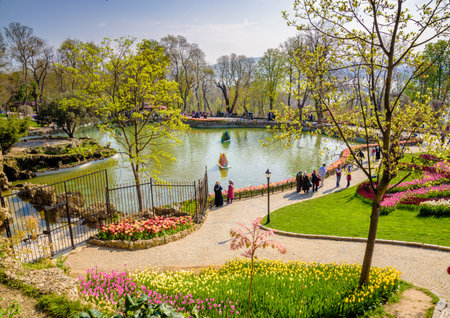 Traditional Tulip Festival in Emirgan Park, a historical urban park located in Sariyer district.Tourists and locals visit and spend time.Istanbul,Turkey.15 April,2017のeditorial素材