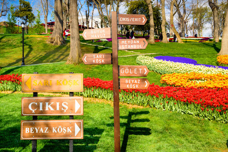 Direction boards in Emirgan Park, a historical urban park located in Sariyer district.Tourists and locals visit and spend time.Istanbul,Turkey.15 April,2017のeditorial素材