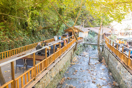 Unidentified people having breakfast at a restaurant in Masukiye,a popular destination for eating and spending time.Kocaeli.Turkey.22 October,2017のeditorial素材