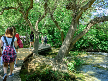 Unidentified people walk and explore Krka National Park,is one of the Croatian national parks in Sibenik,Croatia,27 May 2017のeditorial素材