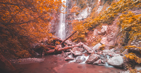 Soft autumn landscape view of Maral Waterfall. Borcka, Macahel,Artvin,Turkey