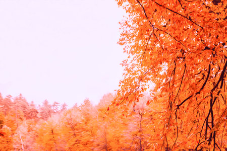 Soft view of autumn landscape.Copy space.Digital structure of painting.Oil painting effect filter...