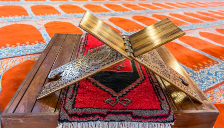 Old ancient Rahle (lectern) is a furniture used for reading Moslem Holy Book the Quran in Suleymaniye mosque.のeditorial素材